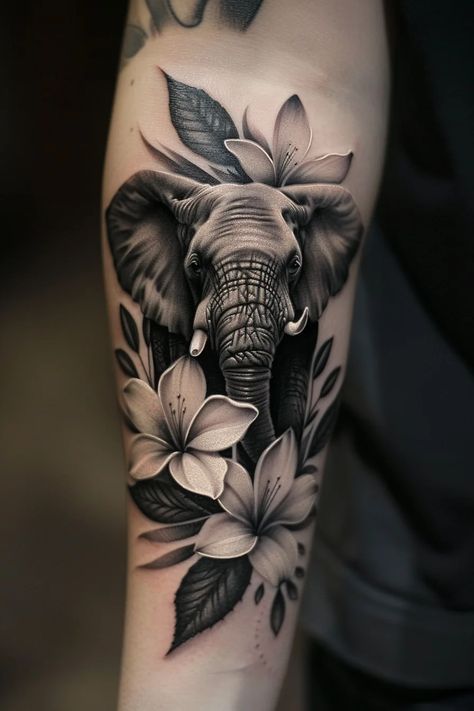 Elephant Tattoo For Women, Elephant Tattoos With Flowers, Small Elephant Tattoo, Realistic Elephant Tattoo, Elephant Tattoo Ideas, Elephant Thigh Tattoo, Mandala Elephant Tattoo, Elephant Tattoo Meaning, Cute Elephant Tattoo