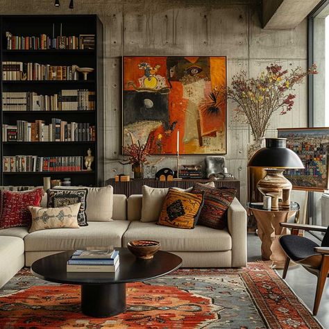 Living Room Designs Eclectic Modern, Eclectic Modern Apartment, Eclectic Contemporary Decor, Mid Century Modern Style Interiors, Eclectic Lounge Room, Vintage Mid Century Living Room, Mix Match Sofas Living Rooms, Moody Eclectic Living Room, Colorful Mid Century Modern Living Room