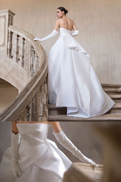 Draped Ballgown Wedding Dress, Silk Gloves Wedding Dress, Peter Langner Wedding Dress, Silk Wedding Dress Gloves, Couture Satin Wedding Dress, Mikado Wedding Dress Long Sleeve, Wedding Dresses Silk Ballgown, Elegant Wedding Dress Gloves, Long Gloves With Wedding Dress