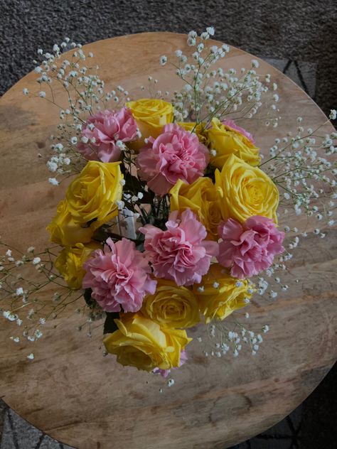 pink and yellow flowers with baby breaths Yellow And Pink Flower Bouquet, Pink And Yellow Flower Arrangements, Yellow And Pink Bouquet, Pink And Yellow Bouquet, Yellow Baby Shower Decorations, Yellow And Pink Wedding, Bride Bouquet Pink, Hoco Flowers, Pink Flower Centerpieces