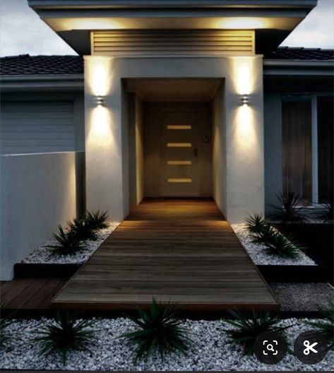 Modern Exterior Lighting, Modern Home Exterior, Outdoor Lighting Ideas, Modern Outdoor Wall Lighting, Building A Porch, Modern Entrance, Outdoor Party Lighting, Entrance Door Design, Exterior Wall Design