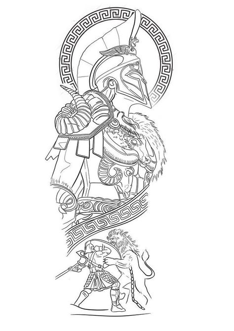 Half Sleeve Tattoo Designs For Men, Best Leg Tattoo Men Design Sketch, Gladiator Tattoo Ideas, Greek Half Sleeve Tattoo, Warrior Tattoos Design, Spartan Back Tattoo, Spartan Tattoo Stencil, Poisidons Tattoo, Forearm Tattoo Template