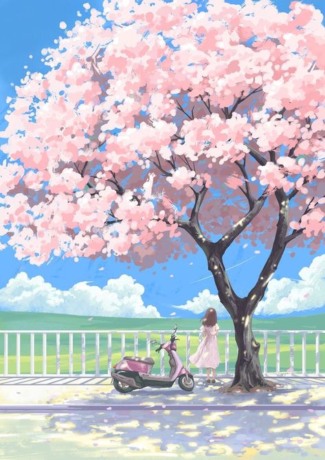 Anime Cherry Blossom, Frühling Wallpaper, Cherry Blossom Wallpaper, Anime Backgrounds Wallpapers, Girly Art Illustrations, Arte Inspo, Tree Drawing, Dreamy Art, Kawaii Wallpaper