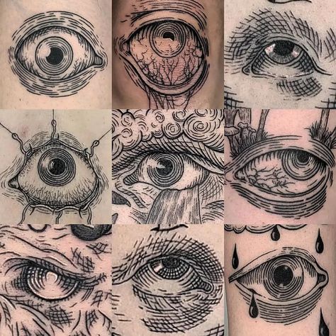 Trippy Tattoo Ideas, Trippy Tattoo, Eye Tattoos, Gothic Tattoos, Woodcut Tattoo, Medieval Tattoo, Engraving Tattoo, Funky Tattoos, Eyeball Art