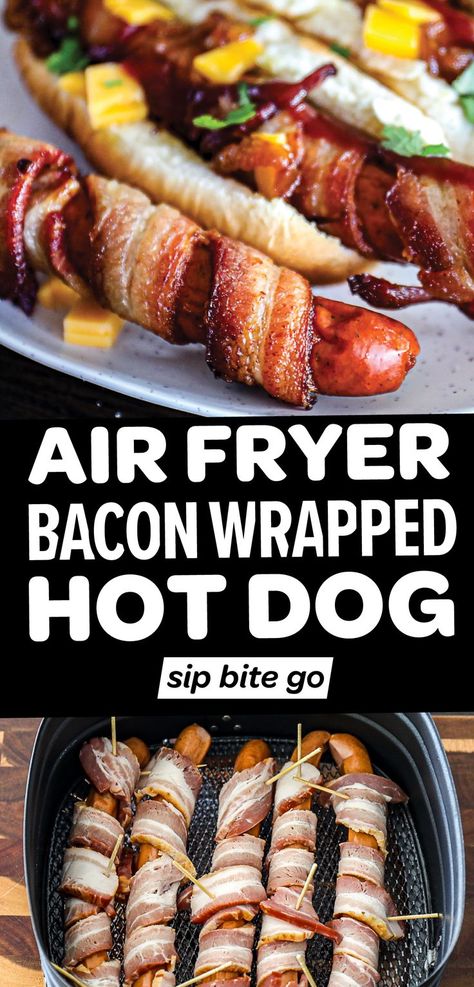 Bacon Wrapped Hot Dogs Bacon Hotdogs Recipes, Air Fry Hotdogs, Hot Dogs Air Fryer, Airfryer Hotdogs, Air Fryer Hot Dogs Recipes, Air Fryer Hotdogs, Air Fryer Chili Dogs, Hot Links In Air Fryer, Air Fry Hot Dogs