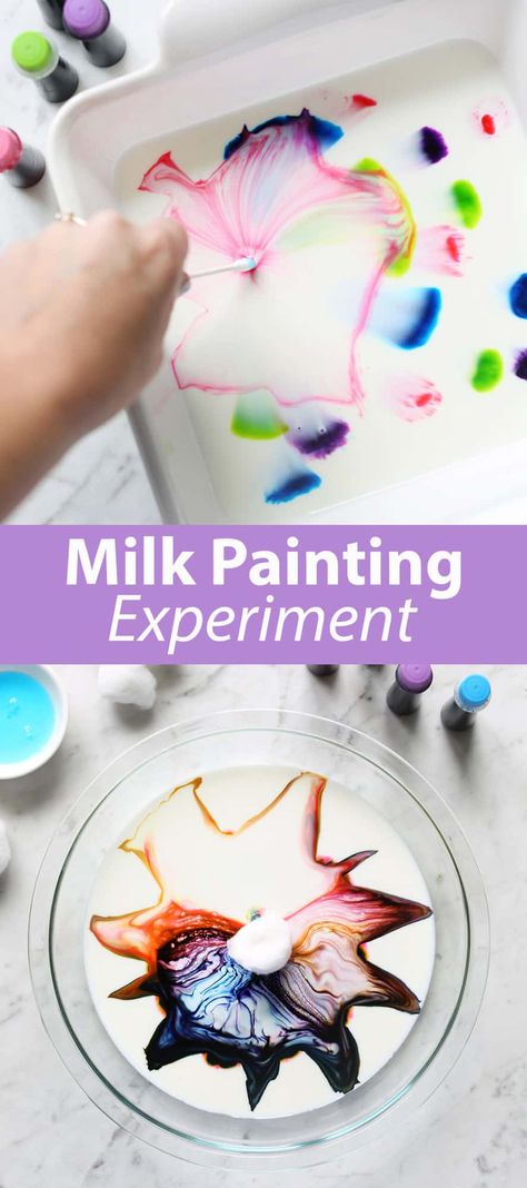 Milk Painting Experiment - Childhood Magic Bouncy Egg Experiment, Bouncy Egg, Skittles Experiment, Elephant Toothpaste, Egg Experiments, Cotton Ball, Science Experiments Kids, Swirl Pattern, Science Experiments