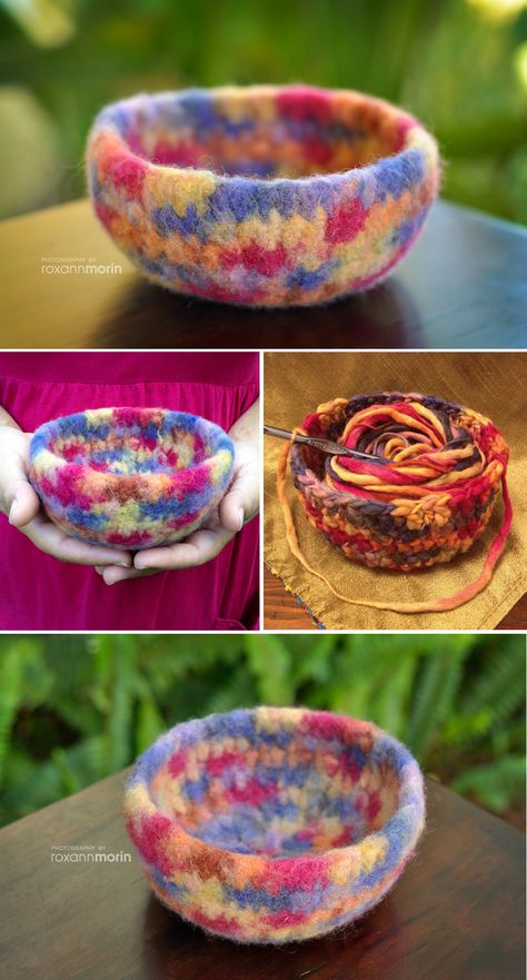 Crochet Felted Bowl Felting Crochet Projects, How To Felt Crochet, Crochet Felted Bowl, Crochet Felting, Felt Bowls, Felted Bowl, Felted Vessels, Easy Knit Hat, Felted Projects