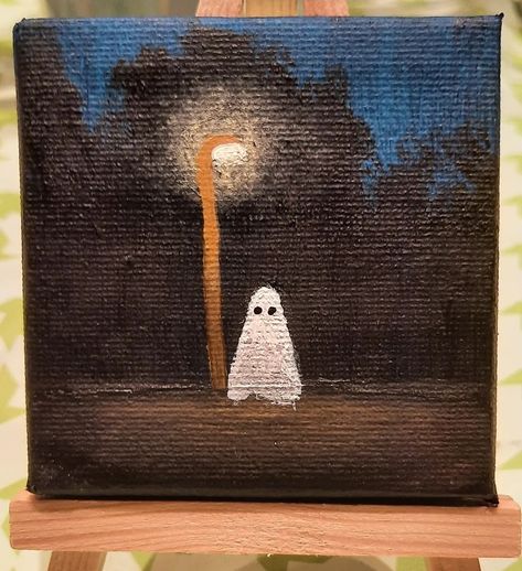 Canvas Ghost Painting, Mini Spooky Paintings, Halloween Ghost Paintings On Canvas, Tiny Ghost Painting, Small Ghost Painting, Tiny Canvas Painting Halloween, Tiny Canvas Art Ideas, Halloween Theme Painting, Halloween Painting Simple