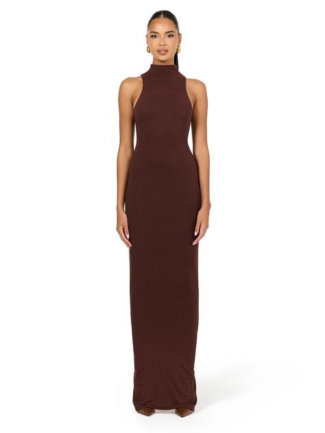 Shapewear-like Basics & Women's Streetwear | Naked Wardrobe Brown Maxi Dress, Brown Maxi Dresses, Sleeveless Mock Neck, Sleek Chic, Naked Wardrobe, Sophisticated Dress, Mock Neckline, Turtle Neck Dress, Sleeveless Maxi Dress