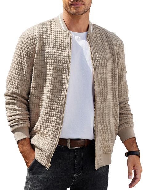 PRICES MAY VARY. Waffle fabric- Men's lightweight bomber jacket is made of 3D waffle fabric, soft, durable and high-quality fabric, brings you a comfortable feeling. Soft Lining- Men's casual jackets designed with waffle material with soft lining, full zip, ribbed hem and cuffs, 1 left arm pocket and 2 side pockets, creating a stylish look. Classic Versatile Jacket- Men's waffle jacket can be a perfect teammate to any wardrobe piece. It can be paired with a botton down shirt, T-shirt, sweater an Jackets Varsity, Zip Up Jackets, Versatile Jacket, Waffle Fabric, Mens Jackets Casual, Jacket Fashion, Shirt Sweater, Casual Jackets, Casual Stylish