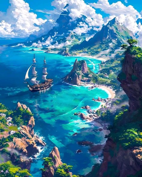 Pirate Landscape, Seascapes Art, Pirate Adventure, Fun Wallpaper, Fantasy Background, Fantasy Island, Landscape Concept, Fantasy City, Fantasy Places