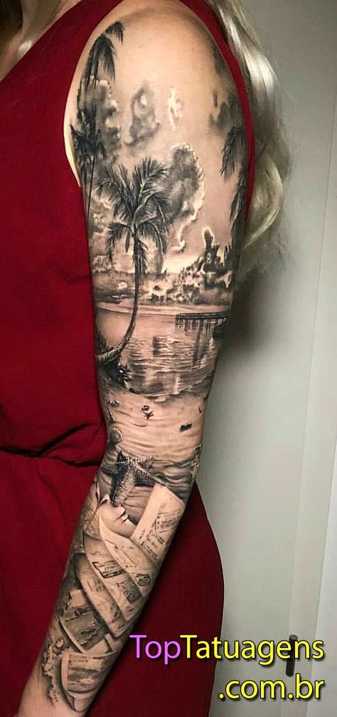 Florida Tattoo Sleeve, Beach Tattoo Sleeve, Beach Sleeve Tattoo, Strand Tattoo, Florida Tattoo, Beach Tattoo Ideas, Ocean Sleeve Tattoos, Underarm Tattoo, Tropical Tattoo