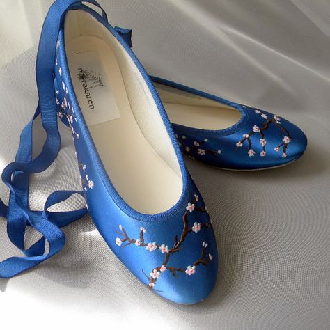 Cherry Blossom Shoes, Painting Canvas Shoes, Ciel Black Butler, Silk Shoes, Cherry Blossom Branches, Unique Wedding Shoes, Blue Ballet Flats, Fairy Shoes, Blue Slippers