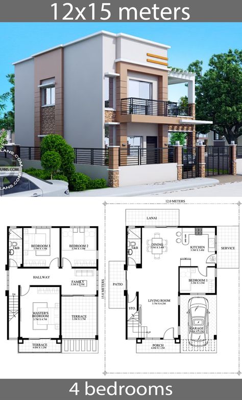 House Plans 12x15m With 4 Bedrooms - Home Ideas Two Storey House Plans, 4 Bedroom House Designs, Two Story House Design, Unique House Plans, 2 Storey House Design, Two Story House, 4 Bedroom House Plans, Duplex House Plans, House Plan Gallery