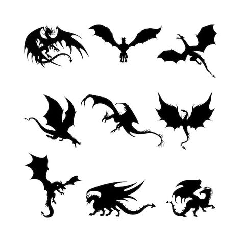 Small Dragon Silhouette, Dragon Flying Drawing Reference, Flying Dragons Tattoo, Dragon Sillouhette, Wyvern Silhouette, Dragon Flying Tattoo, Flying Dragon Sketch, Flying Dragon Drawing, Dragon Flying Drawing