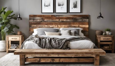 How to Make Your Own Rustic Bed Frame: A Simple DIY Guide Bed Frame Simple, Reclaimed Wood Bed, Farmhouse Style Rugs, Rustic Wood Headboard, Reclaimed Wood Bed Frame, Diy Wood Headboard, Rustic Bed, Reclaimed Wood Beds, Rustic Bed Frame