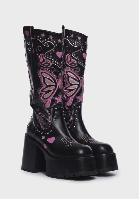 Black Platform Cowboy Boots, Dolls Kill Cowboy Boots, Dolls Kill Platforms, Dolls Kill X Bratz, Pink Boots Aesthetic, Butterfly Platforms, Black Go Go Boots, Bratz Dolls Outfits In Real Life, Platfrom Boots