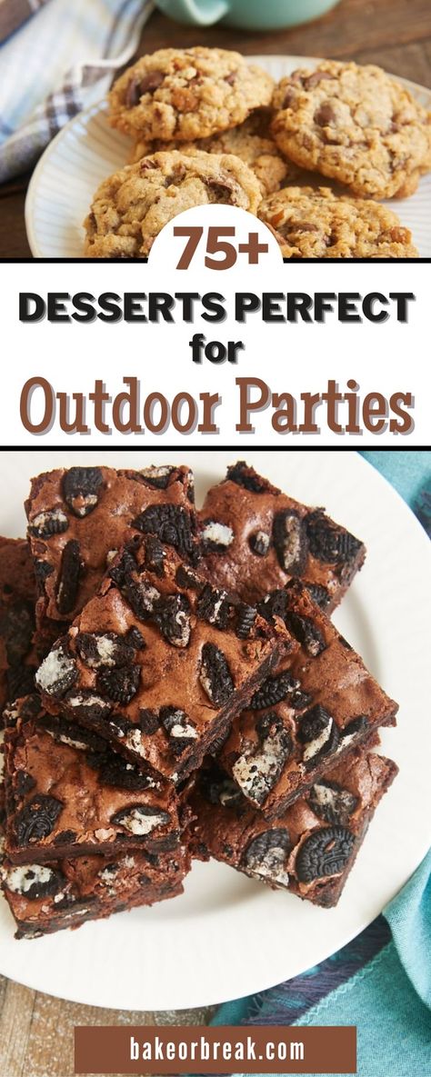 Need some cookout and picnic dessert ideas? These desserts for outdoor parties don’t need refrigeration and won’t get messy in warm weather! This collection of desserts for outdoor parties will serve you well throughout these warm weather months. They don't need refrigeration, they won't melt and they are easily portable. Summer Outdoor Desserts, Picnic Dessert Ideas, Summer Cookout Desserts, Summer Picnic Desserts, Picnic Dessert, Quick Summer Desserts, Cookout Desserts, Refrigerated Desserts, Portable Dessert