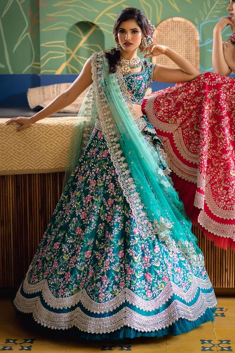 Buy Anushree Reddy Green Floral Embroidered Lehenga Set Online | Aza Fashions Silk Lehenga Choli, Anushree Reddy, Half Saree Lehenga, Indian Outfits Lehenga, Wedding Lehenga Designs, Lehnga Dress, Green Lehenga, Half Saree Designs, Indian Dresses Traditional