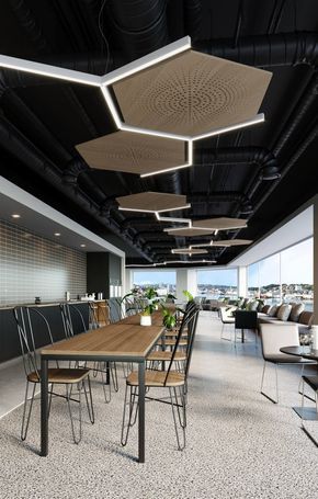 Office Ceiling Design, Exposed Ceilings, Office Ceiling, Office Interior Design Modern, Ceiling Design Modern, Modern Office Design, Lobby Design, False Ceiling Design, Restaurant Interior Design