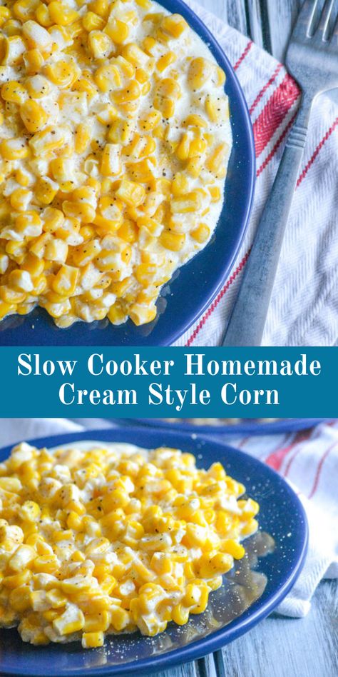 Kick the canned habit, and go with this Slow Cooker Homemade Cream Style Corn instead. Golden corn kernels in a sweet cream sauce, slow cooked to perfection- you'll never regret including this delectable 6 ingredient side dish on your dinner menu. #creamedcorn #recipes #siderecipe Whole Kernel Corn Recipes Side Dishes, Kernal Corn Recipes, Cream Corn Crockpot, Sweet Cream Sauce, Corn Cream, Slow Cooker Creamed Corn, Corn Recipes Side Dishes, Cream Cheese Corn, Corn Side Dish