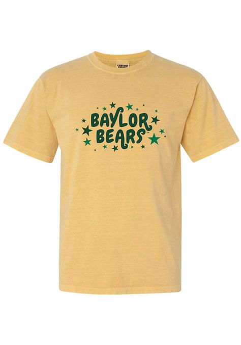 Let everyone know who you root for in this Baylor Bears Yellow Star Short Sleeve T-Shirt! This Baylor Short Sleeve Tee features a screen print team name surrounded by stars. Comfort Colors brand, 100% ring spun cotton, Soft hand, washed garment dyed fabric, Double needle collar, armhole, sleeve and bottom hems, Twill taped neck and shoulders, Twill joker label, Screen print, 100% Cotton, 4 School Club Tee Shirt Designs, Academic Team Shirts Ideas, School Club Tshirt Designs, College Tshirt Designs Shirt Ideas, Cute College Shirts, College Shirts Design, School Merchandise Ideas, School Shirts Designs, College Tshirt Designs