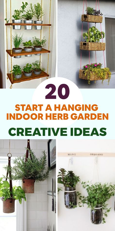 Enhance your cooking experience by starting a hanging indoor herb garden! Enjoy fresh flavors year-round by selecting sunny spots or installing grow lights for proper herb growth. Choose from a variety of herbs like basil, mint, parsley, and thyme. Repurpose mason jars or hang planters with drainage holes filled with nutrient-rich soil to plant your herbs. Hang them using hooks or a hanging system and remember to water regularly while harvesting when needed. Indoor Herb Garden Planter, Indoor Herb Garden Containers, Herb Hanging, Hanging Kitchen Plants, Ideas For Plants Inside The House, Indoor Spice Garden, Herb Shelf Kitchen, Diy Indoor Herb Garden, Indoor Hanging Herb Garden