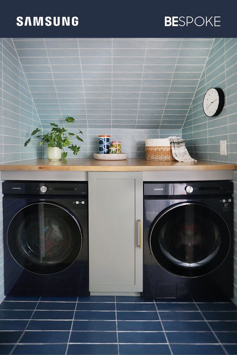 Simply put, @SunnyCirclesStudio has the perfect laundry room. A clean modern décor with the brushed navy Samsung Bespoke washer and dryer at the center. Add a small touch of fall colors, plant life and tiles and you get one of the most beautiful laundry rooms you’ll ever see. Samsung Laundry Room, Perfect Laundry Room, Washer Dryer Combo, Front Load Washer, Clean Modern, Washer And Dryer, Laundry Room, Plant Life, Bespoke