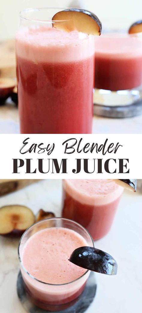 This Plum Juice recipe is a simple juicing recipe quickly made in a blender! Adding a splash of lemon and honey make this extra delicious. Blackberry Juicing Recipes, Plum Juice Recipes, How To Make Prune Juice, Plum Juice Benefits, Prune Juice Smoothie, Juicing Recipe, Plum Juice, Lemon And Honey, Ginger Honey Lemon