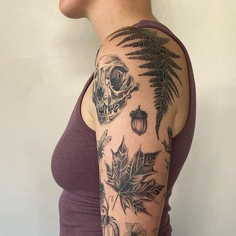 Nature Inspired Patchwork Tattoos, Nature Shoulder Cap Tattoo, Patchwork Tattoo Plants, Nature Tattoo Sleeve Patchwork, Edgy Nature Tattoos, Fern Half Sleeve Tattoo, Nature Patch Work Tattoo, Plant Patchwork Sleeve Tattoo, Pnw Tattoo Sleeve