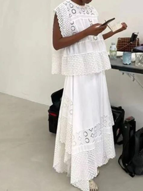 White set of 2 eyelet lace top and skirt - Wapas White Dress Long Casual, White Cotton Lace Dress, Eyelet Lace Top, White Lace Fabric, Romper And Jacket, Floral Geometric, White Set, Top And Skirt, Eyelet Dress