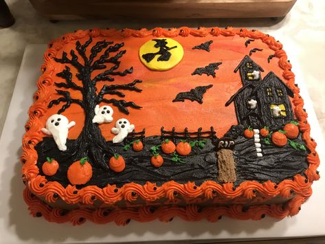 Halloween Cake Rectangle, Halloween Sheet Cake Decorating, Halloween Cake Designs Easy, Halloween Cake Easy, Halloween Sheet Cake Ideas, Decorated Sheet Cakes, Halloween Sheet Cake, Halloween Cakes Ideas, Cake Decorating Halloween