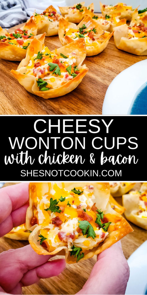 Chicken bacon ranch wonton cup appetizers on a wooden board. Chicken Bacon Ranch Wonton Cups, Chicken Hors D’oeuvres, Ranch Appetizers, Wonton Wrapper Recipes Appetizers, Wonton Cups Appetizers, Hors Devours Appetizers, Muffin Cups Recipes, Wonton Wrapper Recipes, Chicken Wontons