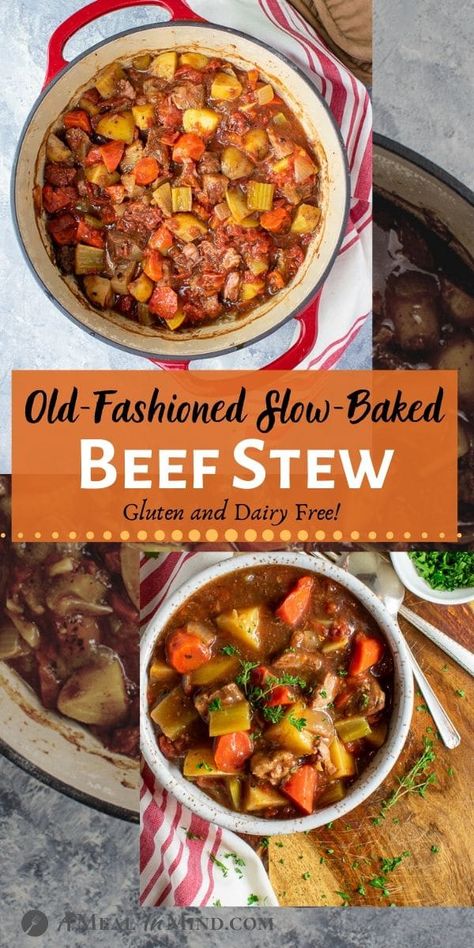 Fork-tender beef, savory potatoes and carrots, slow-baked with tomato and herb goodness! All make this old-fashioned beef stew perfect for the cooler evenings that we're having in early October. Make this for your next company meal! A Meal In Mind @amealinmind #amealinmind #beef #beefstew #slowbaked #dutchoven #roastedstew #lodge #meangreenchef #oldfashionedstew Oven Baked Beef Stew, Baked Beef Stew, Gluten Free Beef Stew, Old Fashioned Beef Stew, Oven Beef Stew, Quick Gluten Free Meals, Gluten Free Soup Recipes Glutenfree, Potatoes And Carrots, Delicious Gluten Free Recipes