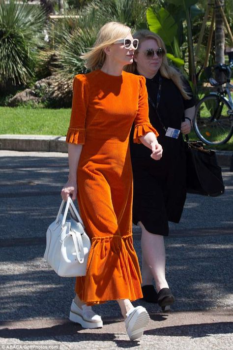 Cate Blanchett Fashion, Corduroy Dresses, Courdory Dress, Orange And White Outfits, The Vampires Wife Dress, Cate Blanchett Style, Winter Dresses For Women, Orange Dress Outfit, Corduroy Dress Outfit