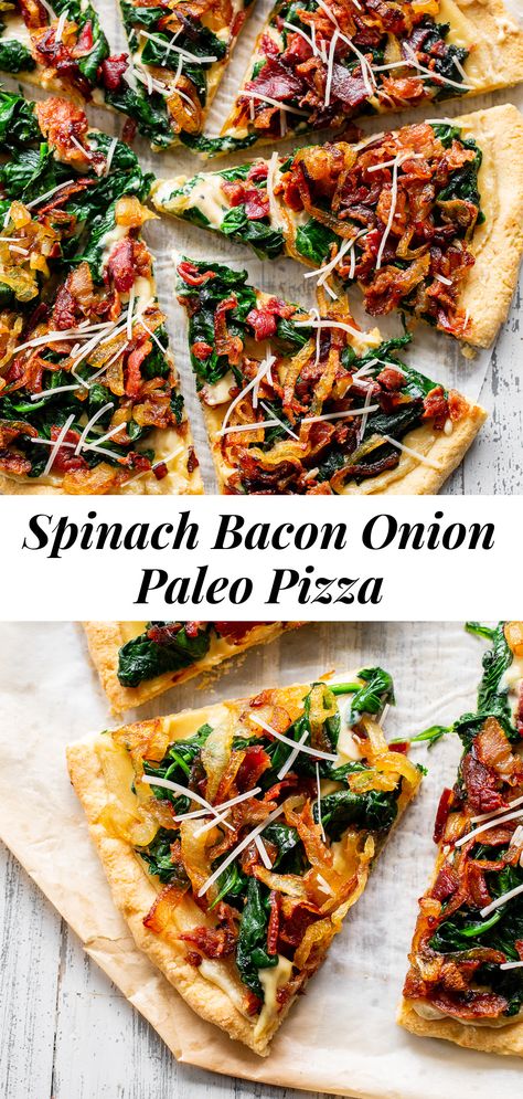 This spinach bacon pizza is so tasty that you won’t believe it’s completely grain free and dairy free! An easy one-bowl paleo pizza crust is topped with a dairy free cheese sauce, spinach, crispy bacon and perfectly caramelized onions. It’s perfect as a slightly fancy appetizer but works as an everyday meal too! #paleo #cleaneating #pizza #glutenfree #dairyfree Dairy Free Pizza Toppings, Dairy Free Cheese Sauce, Dairy Free Pizza Recipe, Paleo Pizza Recipes, Paleo Pizza Crust, Dairy Free Pizza, Caramelized Onions Recipe, Spinach Pizza, Paleo Pizza