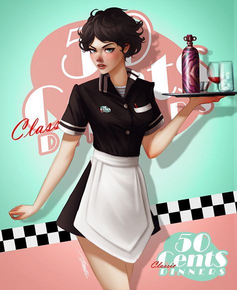 Pin Up Art, Waiter Uniform Design, Waitress Outfit, Waitress Uniform, Bubbles Wallpaper, Punk Girl, Creating Characters, Female Poses, Illustrations And Posters