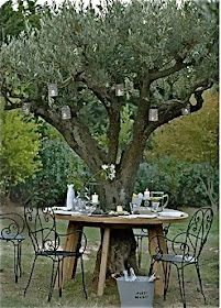 Two Men and a Little Farm: TREE TABLE, INSPIRATION THURSDAY Meja Outdoor, Hanging Jars, Elm Tree, Tree Table, Hanging Candles, Have Inspiration, Garden Trees, Sweet Table, Olive Tree