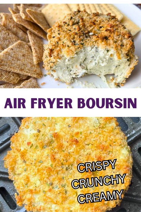 I've taken one of my favorite charcuterie board cheeses; creamy boursin and breaded it and crisped it up in the air fryer. This is a great Thanksgiving appetizer. Can be used as part of a cheese board or just serve with some crackers or slices of french bread. Crispy, crunchy and smooth and creamy. The perfect holiday appetizer and it comes together in minutes! Air Fryer Boursin, Appetizers In Air Fryer, Boursin Cheese Charcuterie, Boursin Cheese Ball Recipe, Boursin Mushrooms, Boursin Cheese Board, What To Make With Boursin Cheese, Boursin Bites, Air Fryer Boursin Cheese