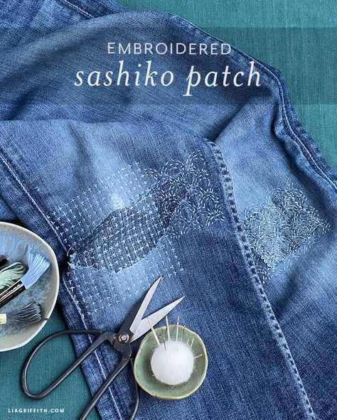 DIY Sashiko Patch Video Tutorial - Lia Griffith Patchwork, Couture, Visible Mending Stitches, Sashiko Jacket, Sashiko Tutorial, Clothes Upcycle, Boro Stitching, Mending Clothes, Sashiko Pattern