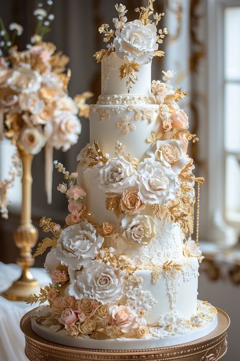 Sumptuous Ivory Elegance: Birthday Cake Aesthetic for a Grand Celebration Opulent Wedding Cake, Fairytale Wedding Cake Ideas, Wedding Cakes White And Gold, Grand Wedding Cake, Wedding Cake Designs Elegant Gold, Ivory Birthday Cake, Gold Vintage Cake, Spring Wedding Cake Ideas, Red And Gold Wedding Cake