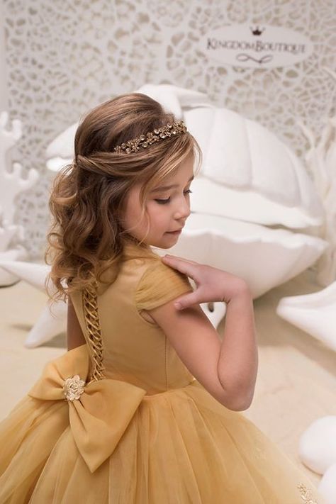 Untitled Gold Flower Girl Dress, Formal Flower Girl, First Communion Hairstyles, Gold Flower Girl, Kids Hairstyles For Wedding, Girls Updo, Communion Hairstyles, Pageant Hair, Belle Dress