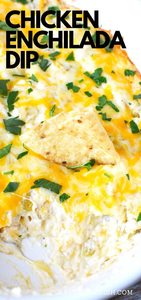 Chicken Enchilada Dip - Delicious creamy chicken enchilada dip with a super cheesy and filling center is meant for four, but you may want to whole dish! A fan favorite, this hot chicken dip is savory and the recipe asked for at every party.  #chickendip #chickenenchildadadip #mexicandip #hotdip #sidedish #chicken #cheese #creamcheese #appetizer #savory Easy Chicken Dips, Chicken Enchilada Dip Recipe, Enchilada Dip Recipe, Hot Chicken Dip, Enchilada Dip, Chicken Appetizer Recipes, Chicken Enchilada Dip, Mexican Mole, Dip Recipes Hot