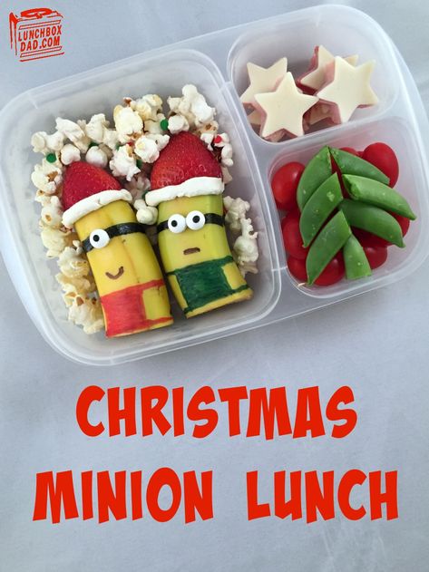 Christmas Minions Lunch Despicable Me - packed in an @EasyLunchboxes container Christmas Lunch Kids, Christmas Minions, Fun Kid Lunch, Bento Box Lunch For Kids, Holiday Lunch, Minion Christmas, Lunch Box Bento, Decorações Com Comidas, Healthy Lunches For Kids