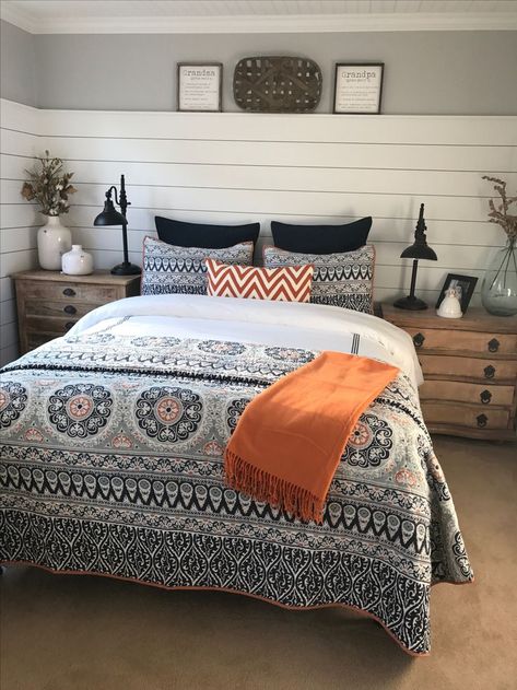 This half wall shiplap really brings out the farmhouse in this bedroom! Half Wall Shiplap, Wall Shiplap, Shiplap Bedroom, Luxurious Bedroom Design, Farmhouse Bedroom Set, Basement Guest Rooms, Ship Lap, Bedroom Idea, Luxurious Bedroom