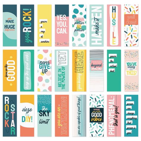 PRICES MAY VARY. Includes: Set of 24 encouraging paper bookmarks with unique designs. Size: Convenient 2" x 6" flat bookmarks. Vibrant Designs: Positive affirmation bookmarks with 24 different designs that pop with bright, bold colors which showcase unique typography. Uplifting quotes to keep anyone motivated. Printed in full color on one side of high quality cardstock. Perfect for: These cheerful bookmarks are useful for classroom rewards, prizes, journaling, books, notebooks, textbooks, magazi Motivational Bookmarks, Motivational Bookmark, Affirmation Bookmarks, Club Merch, Encouraging Phrases, Unique Typography, Book Club Meeting, Bookmark Printing, Classroom Rewards