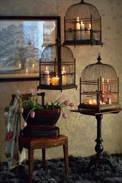 Outdoorsy Decor, Man Home Decor, Bird Cage Candle, Repurposed Kitchen, Birdhouse Projects, Decorations Bedroom, Decor Eclectic, Bird Cage Decor, Bedroom Plants