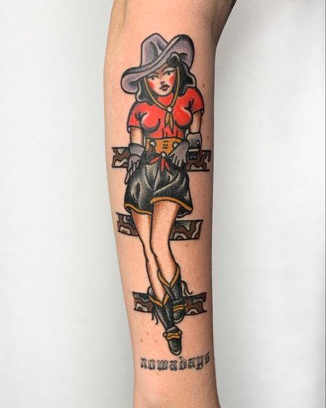 Mexican Cowgirl Tattoo, Trad Cowgirl Tattoo, Cowgirl Pin Up Tattoos, Western Woman Tattoo, Traditional Country Tattoo, Pin Up Cowgirl Tattoo, American Traditional Cowgirl Tattoo, Cowgirl Pinup Tattoo, American Traditional Cowgirl