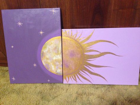 Golden sun and moon! Two canvas artwork with purple background! Painted by Ashley Black Sun And Moon Two Canvas Painting, Golden Sun Painting, Purple And Gold Painting Ideas, Purple And Black Painting, Painting With Purple Background, Easy Sun And Moon Painting, Paintings With Purple Backgrounds, Sun And Moon Acrylic Painting, Moon Sun Painting