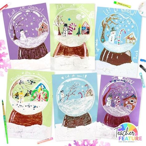 3rd Grade Art Lessons Winter, Snow Globes Painting, Winter Value Art Projects, Winter Art Projects 3rd Grade, Snowglobe Art For Kids, Elementary Christmas Art Lessons, Christmas Art For 4th Grade, Snow Globe Art Lesson, 8th Grade Christmas Art Project